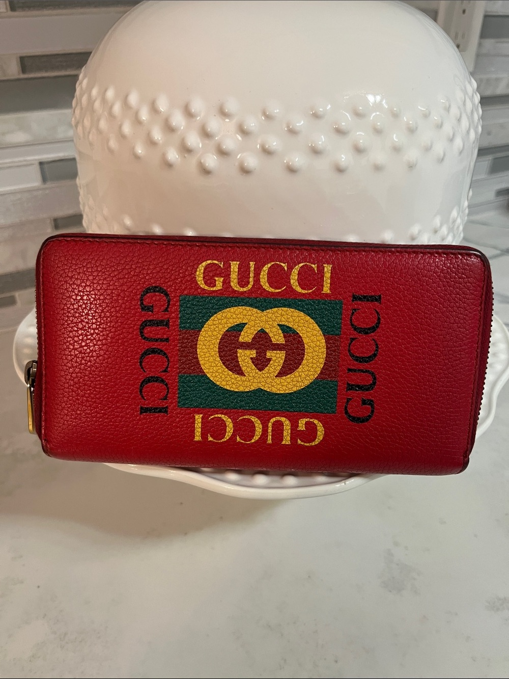 Gucci Red Leather Zip Wallet with Green & Gold Logo